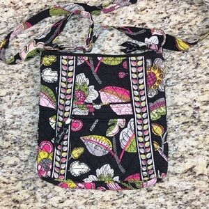 Vera Bradley Quilted Floral Crossbody Zipper Bag Black Pink Green Like New